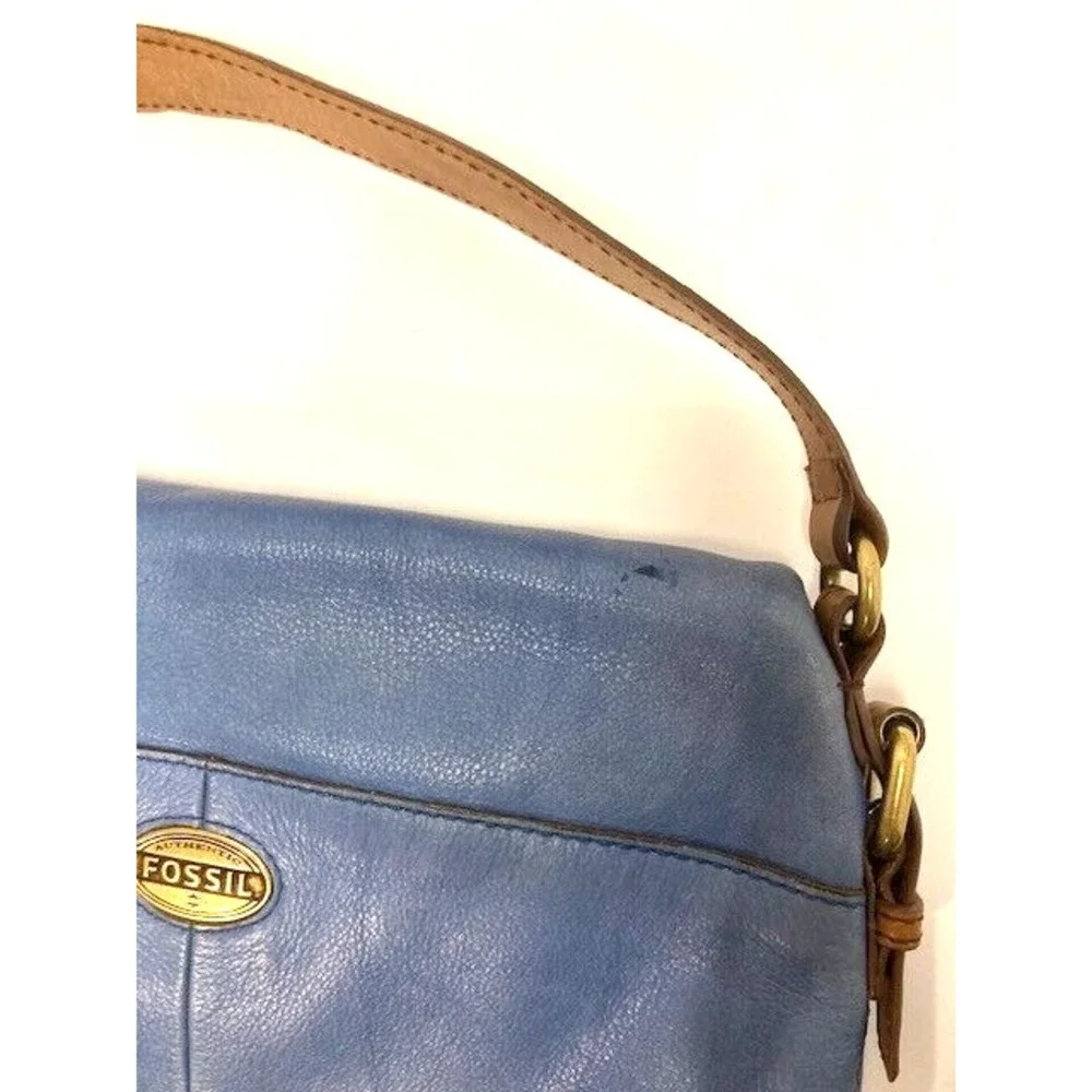 Vintage‎ Fossil Cowhide Leather Fold-Over Denim Blue Shoulder Bag Hobo